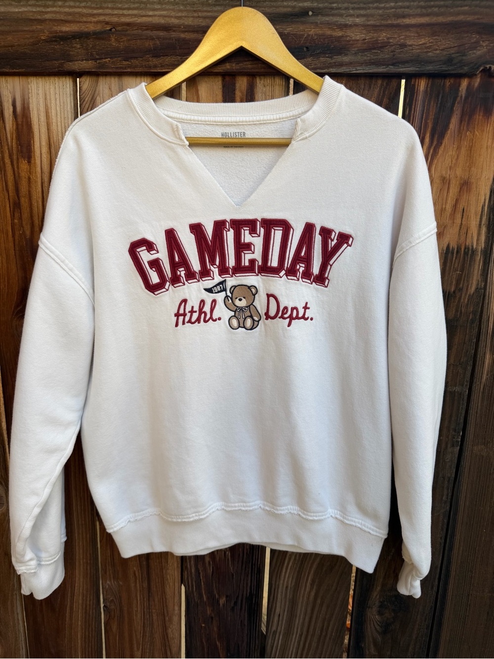 Hollister Gameday Athletic Dept Teddy Bear Split V Neck Sweatshirt White S